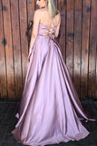 Simple Sleeveless Satin V Neck Prom Dresses with Split