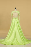 Prom Dresses Scoop Long Sleeves A Line Satin With Applique And Beads