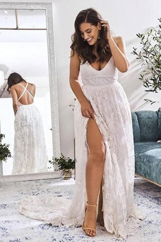 Elegant A Line V Neck Lace Ivory Beach Wedding Dresses with Slit, Bridal Gowns SJS15579