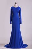 Scoop Prom Dresses Long Sleeves Spandex Open Back Drak Royal Blue