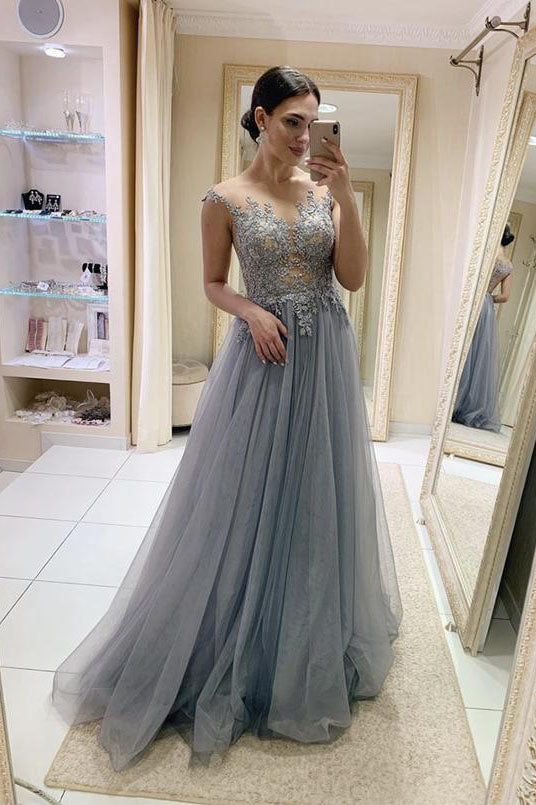 Gray A-Line Appliques Tulle Lace Cap Sleeves Evening Dresses Long Prom Dresses