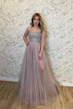 A Line Stylish Tulle Spaghetti Straps Evening Dresses Beads Long Prom Dresses With Slit