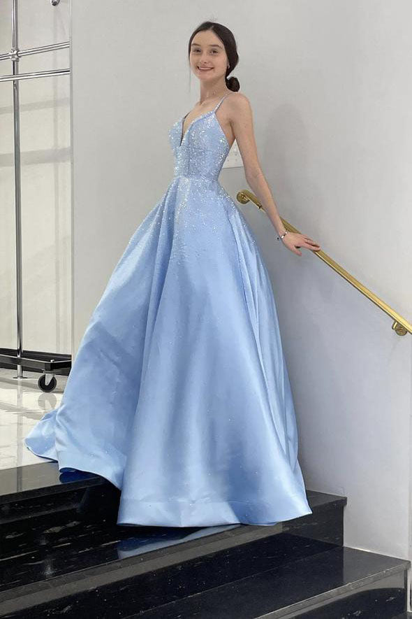 A Line Spaghetti Straps Formal Evening Dresses Satin Blue Long Prom Dresses