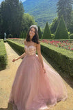 Pink Strapless A-Line Lace Top Tulle Formal Evening Dresses Long Prom Dresses