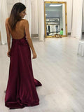 Sexy A-line Halter Burgundy V-Neck Backless Slit Sleeveless Long Evening Prom Dresses JS739