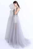 2024 New A-Line V-Neck Grey Tulle Beaded Long Sleeveless Backless Prom Dresses with Split JS884