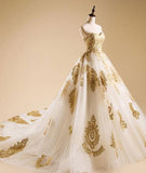 Elegant Gold Neck Tulle Strapless Sweetheart Lace Ball Gown Prom Dress Quinceanera Dress JS447