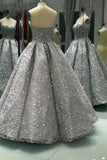 Sweetheart Gray Sleeveless Long Sequins Strapless Ball Gown Shiny Winter Prom Dresses JS575