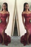 Red Mermaid Long Sequin Sexy Sweetheart Off-the-Shoulder Backless Custom Prom Dresses JS978