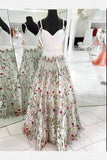 A-Line Spaghetti Straps White Appliqued Cheap Prom Dresses, V Neck Long Evening Dresses SJS15052
