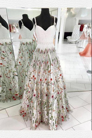 A-Line Spaghetti Straps White Appliqued Cheap Prom Dresses, V Neck Long Evening Dresses SJS15052