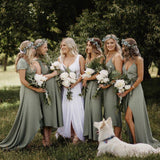 Simple V Neck Green A line Bridesmaid Dresses, Cheap Wedding Party Dresses SJS15599