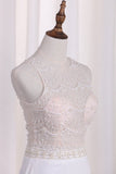 New Arrival A Line Scoop Chiffon & Lace Wedding Dresses With Slit