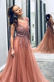 A Line Beaded Long Rosy Brown Tulle Prom Dresses, Round Neck Evening Dresses SJS14991