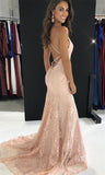 Elegant Straps V Neck Burgundy Lace Mermaid Long Evening Dresses, Prom Dresses SJS15206