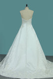 A Line Satin Sweetheart Wedding Dresses With Applique And Beads