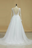Boat Neck Wedding Dresses A-Line Long Sleeves Applique Tulle