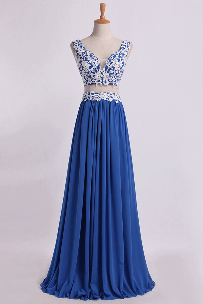 Two Pieces A Line Prom Dresses Chiffon Floor Length With Applique