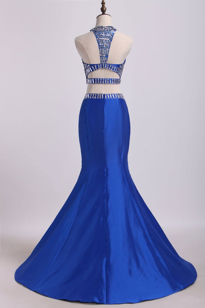 Two Pieces High Neck Mermaid Prom Dresses With Beads