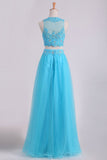 Two Pieces Scoop Prom Dresses A Line With Applique & Beading Tulle