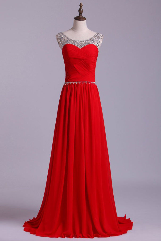 Scoop Prom Dresses A Line Chiffon With Beads And Ruffles