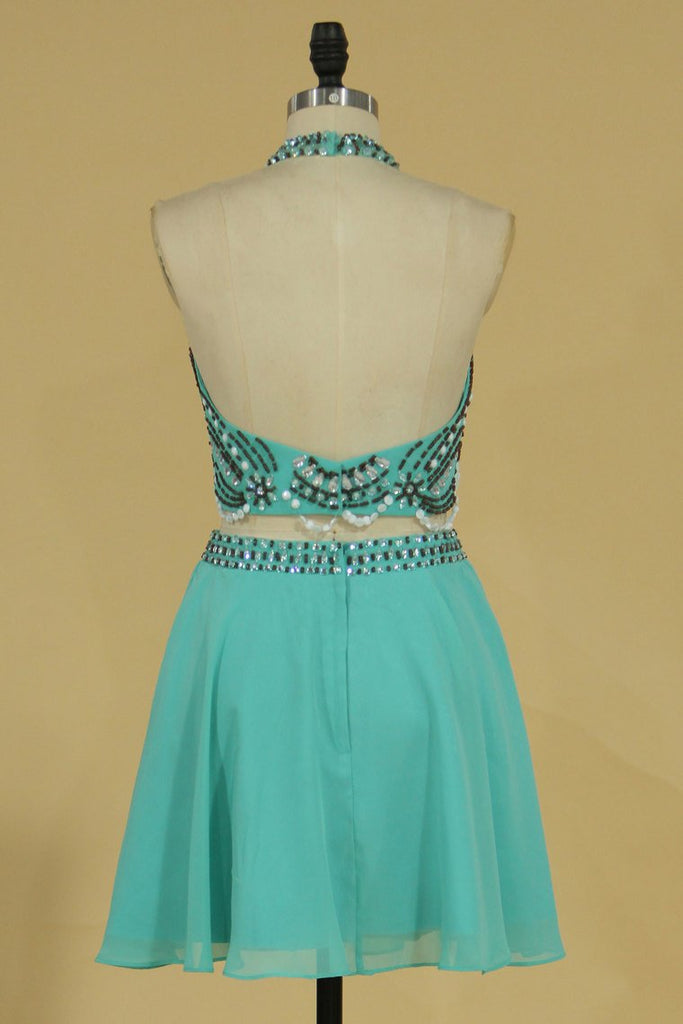 Two-Piece Halter Beaded Bodice Homecoming Dresses A Line Chiffon