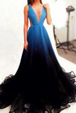 New Style Black V-Neck New Arrival Long Gradient Color Tulle Long Prom Dresses JS829
