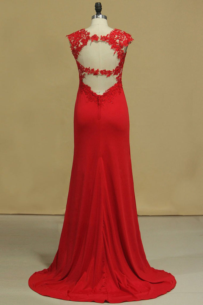 Red Straps Open Back Sheath Prom Dresses Spandex With Applique Open Back
