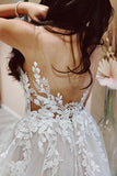 Cute A Line V Neck Tulle Wedding Dresses with Appliques