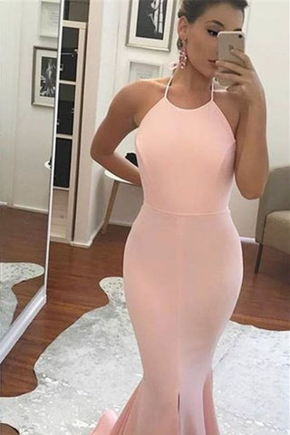 New Arrival Sexy Open Back Halter Spandex Prom Dresses Mermaid Zipper Up