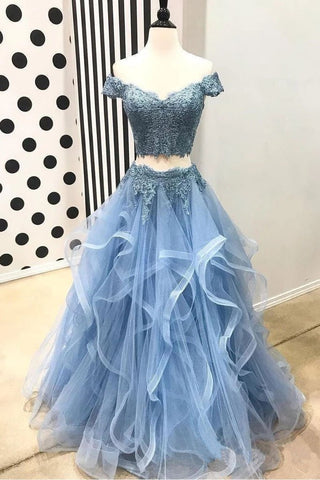 Blue Off the Shoulder Two Pieces Tulle Beads Prom Dresses with Lace Appliques SJS15500