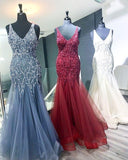 Elegant Mermaid V Neck Straps Tulle Long Prom Dresses Cheap Evening Dresses SJS14975