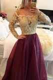Burgundy Princess Lace Bodice Long Sleeves A-Line Organza Dark Red Evening Dresses JS14