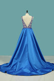 Open Back V Neck Satin With Beading A Line Prom Dresses