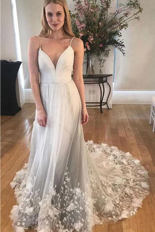 Unique Spaghetti Strap Long Cheap Tulle Prom/Wedding Dresses With Applique