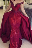 Mermaid Off the Shoulder Burgundy Long Sleeves V Neck Prom Dresses with Detachable Train SJS15263