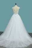 Scoop Open Back Wedding Dresses Tulle With Applique A Line Chapel Train