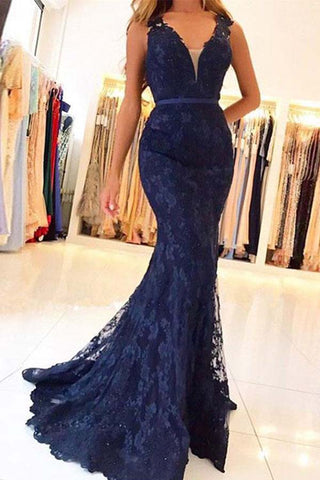 Impressive V Neck Dark Blue Lace Appliques Long Prom Dresses