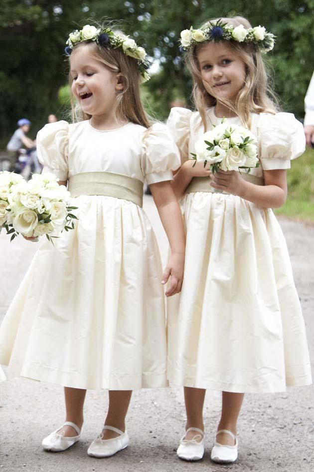 Vintage Juliet Sleeves Tea Length Round Neck Satin Flower Girl Dresses, Little Dresses SJS15606