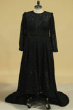 Plus Size A-Line Long Sleeves Lace Prom Dresses Black Asymmetrical
