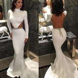 White High Neck Mermaid Long Sleeve Hollow Waist Backless Saudi Arabia Prom Dresses JS165