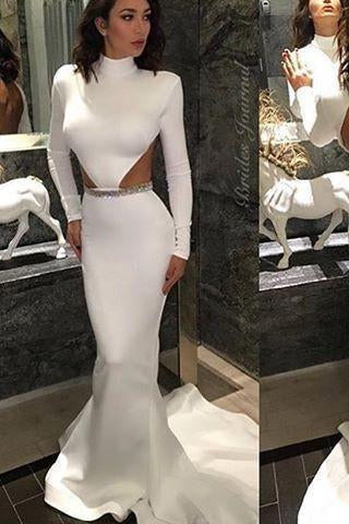 White High Neck Mermaid Long Sleeve Hollow Waist Backless Saudi Arabia Prom Dresses JS165