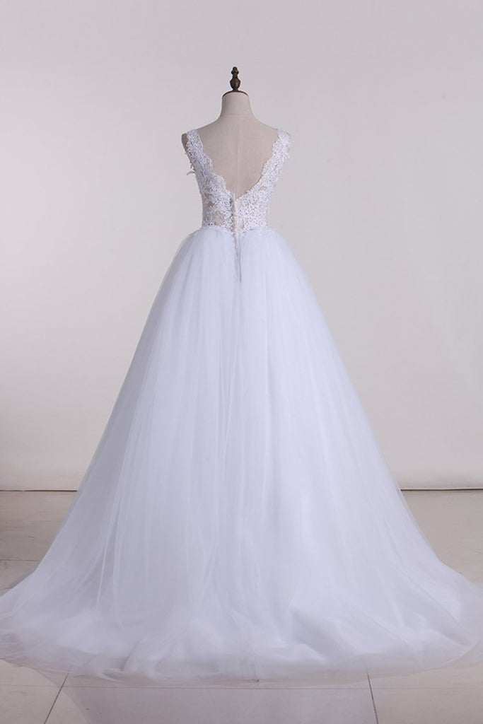 V Neck With Applique Wedding Dresses Tulle A Line Chapel Train