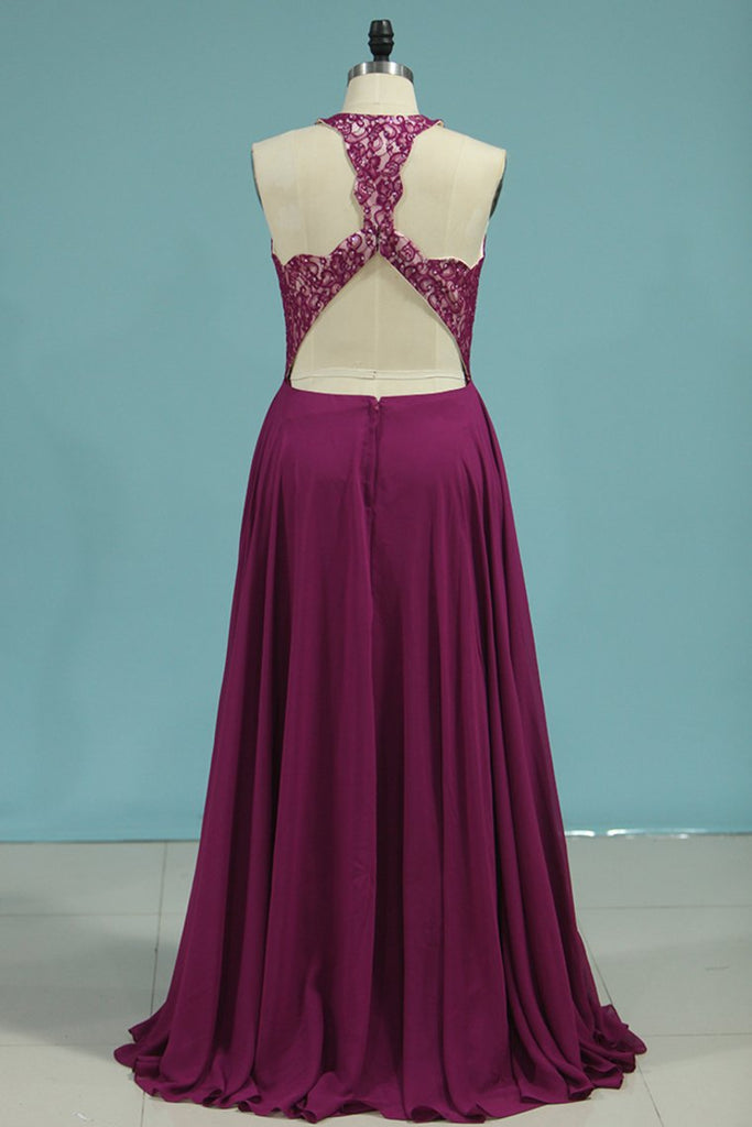 Sexy Open Back Scoop Chiffon & Lace A Line Prom Dresses