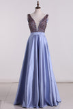 A-Line Prom Dresses Beaded Bodice Satin A Line Open Back