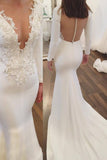 Satin Wedding Dresses Mermaid Scoop With Appliques And Beads Long Sleeves