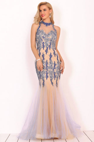 New Arrival Scoop High Neck Tulle With Applique And Beads Mermaid Prom Dresses