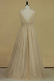 A Line V Neck Open Back Bridesmaid Dresses Ruched Bodice Tulle Floor Length