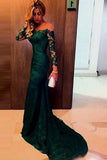Charming Off-the-shoulder Dark Green Mermaid Lace Prom Dress with Long Sleeves