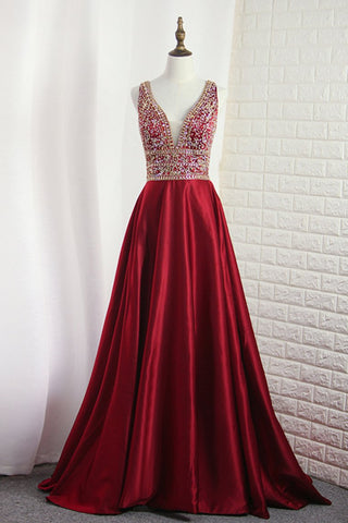 A Line V Neck Satin With Beading Open Back Sweep Train Prom Dresses